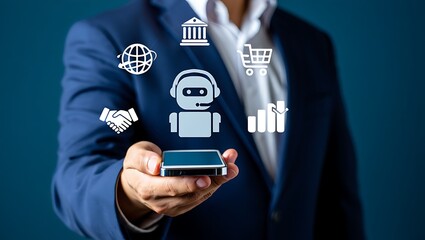 Businessman holding smartphone with icons for global business finance and customer service