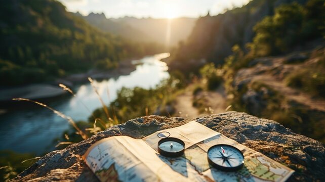 Scenic landscape featuring a detailed map and compass on a rocky surface, with a serene river and lush greenery in the background, evoking adventure and exploration