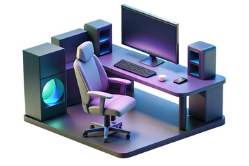A modern gaming computer setup with a desk, chair, and speakers isolated on transparent background