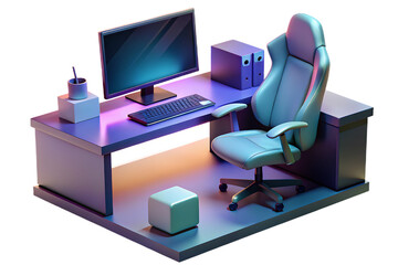 A sleek computer desk setup with a gaming chair and monitor isolated on transparent background