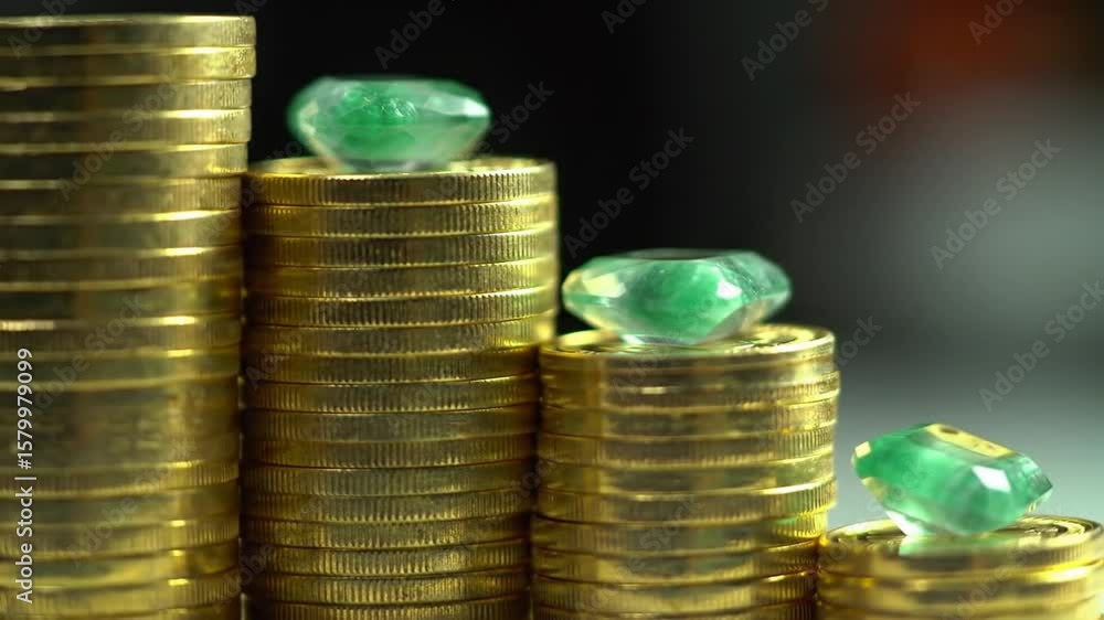 Poster ascending stacks of golden coins topped with emerald gems on dark background macro view
