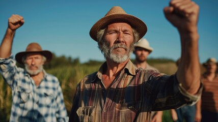 Fototapeta premium Elderly man with gray beard and straw hat raises fist in solidarity, surrounded by fellow farmers in a field, expressing unity and determination for agricultural rights and community strength