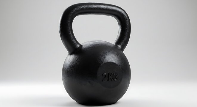 Studio shot of a sleek black 2kg kettlebell, ideal for strength training, Single black kettlebell isolated in a studio setting, perfect for fitness equipment visuals