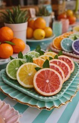 Sliced citrus fruits beautifully displayed on a serving dish, creating a vibrant and refreshing scene