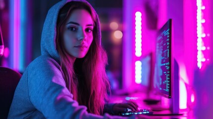 Focused Young Woman in Neon-Lit Coding Session