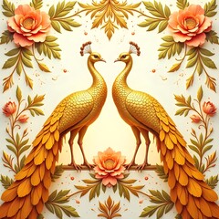 Ornamental golden peacocks with vintage flowers high resolution picture