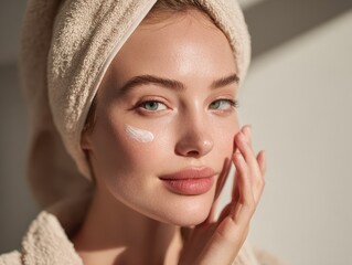Close-up of a woman's face with skin care product.