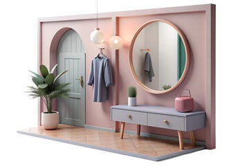 A stylish entryway with a mirror, console table, and plants isolated on transparent background