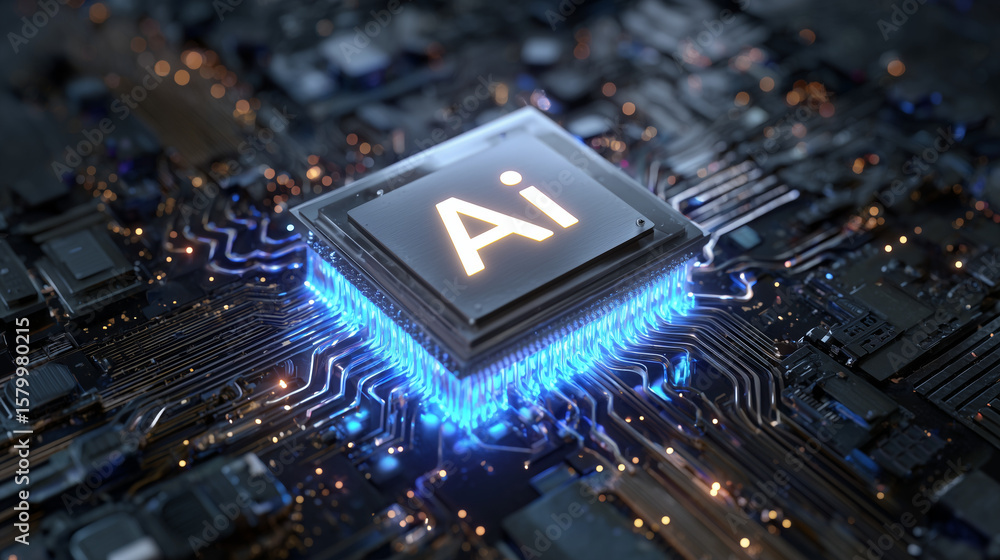 Poster a processor surrounded by illuminated circuits in shape of brain, the word 
