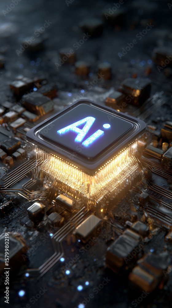 Poster a processor surrounded by illuminated circuits in shape of brain, the word 