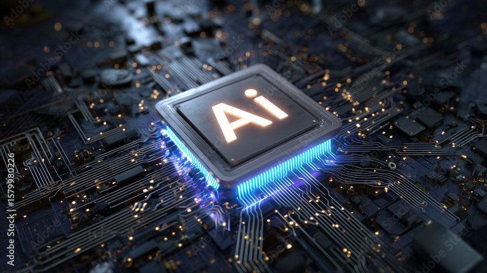 Poster a processor surrounded by illuminated circuits in shape of brain, the word 
