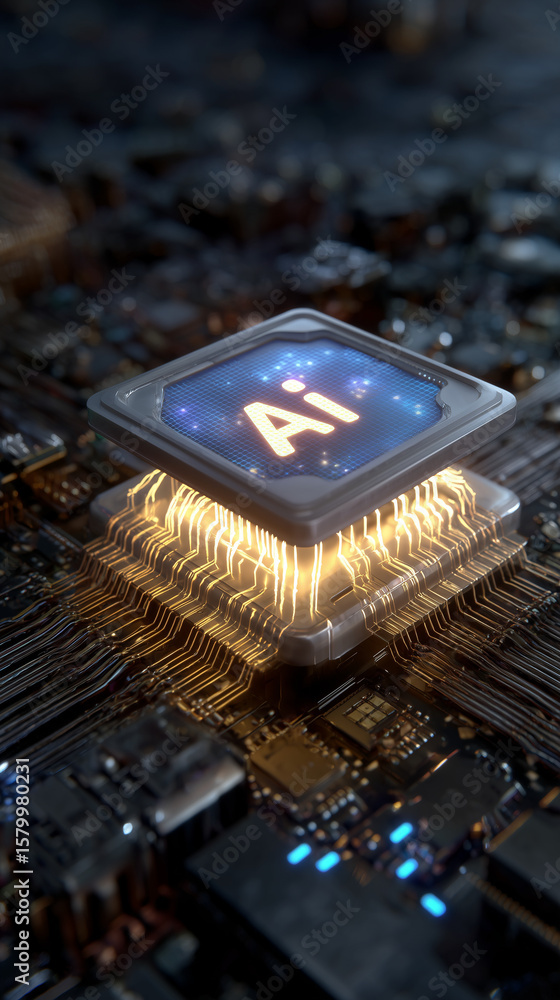 Fototapete A processor surrounded by illuminated circuits in shape of brain, the word 