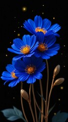 Luxurious digital illustration of vibrant royal blue cornflowers with golden centers and delicate gold leaf particles floating around. Elegant metallic stems rise gracefully on a dramatic black backgr