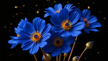Luxurious digital illustration of vibrant royal blue cornflowers with golden centers and delicate gold leaf particles floating around. Elegant metallic stems rise gracefully on a dramatic black backgr