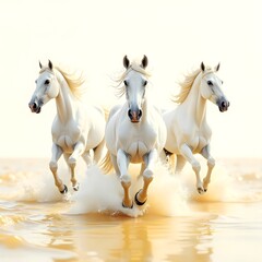 Obraz premium White horses running through wet golden beach high resolution picture