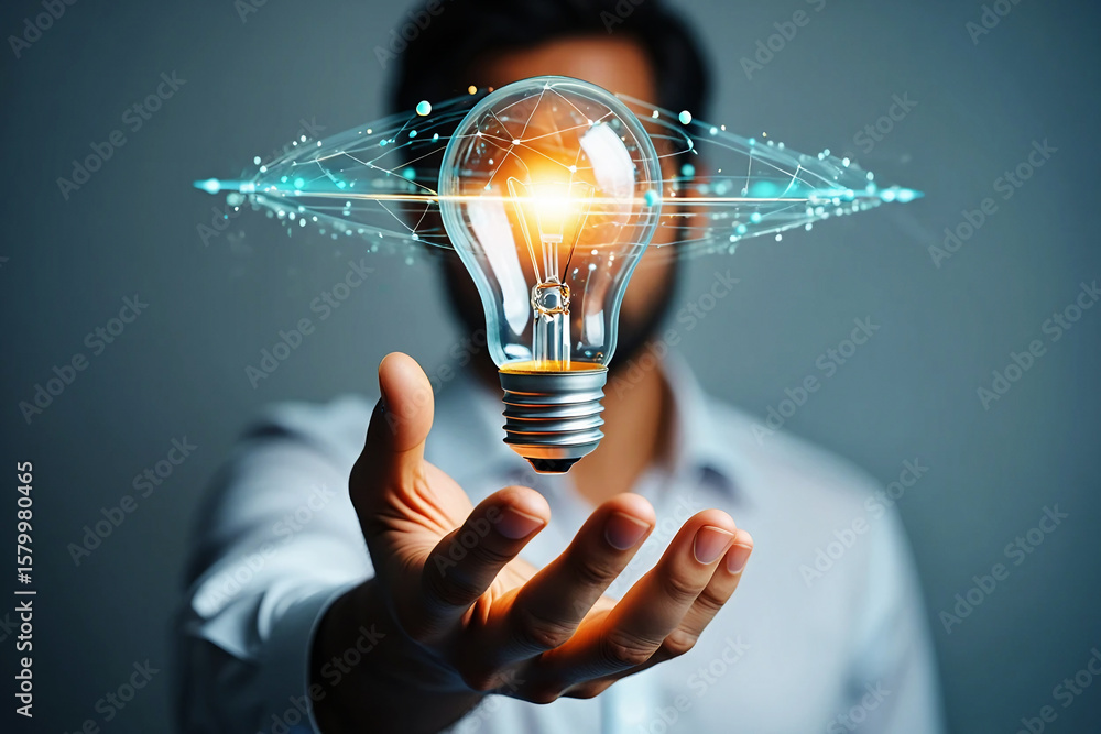 Poster glowing lightbulb with digital network above open hand idea innovation