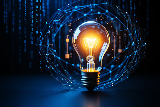 Glowing lightbulb with digital network and binary code bright filament