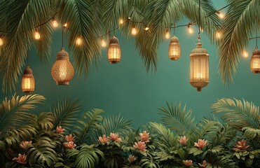 Tropical ramadan kareem background with gold lanterns hanging between palm trees and flowers