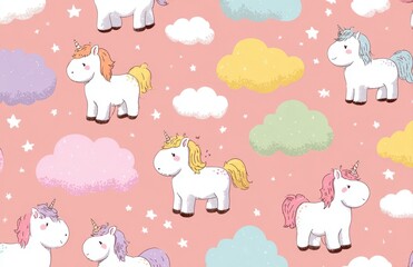 Obraz premium Cute unicorns walking on pink clouds and stars background seamless pattern