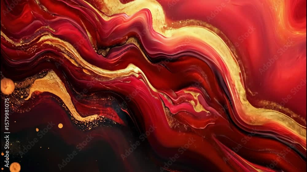 Poster vivid red and orange marble texture with liquid wave patterns.