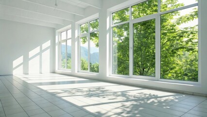 Bright modern interior with large windows overlooking lush green trees and mountains