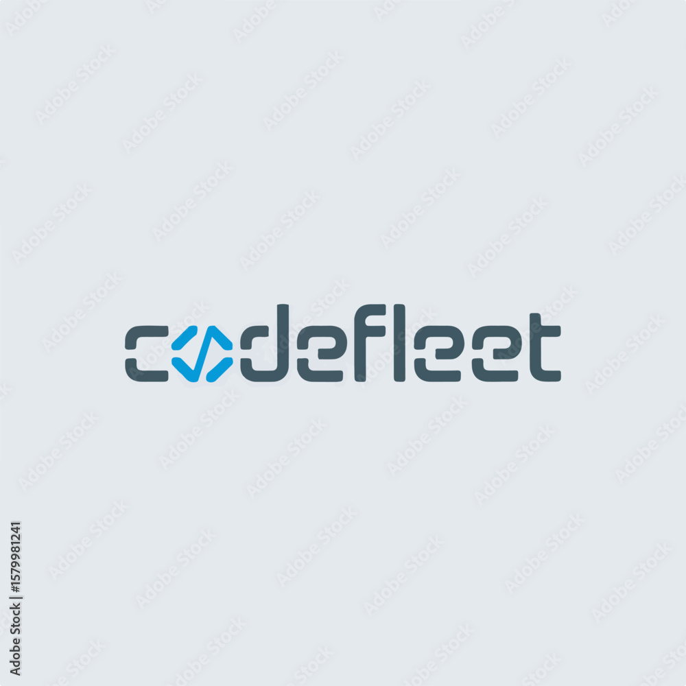 Poster codefleet logo design featuring modern font style and blue arrow symbol on a light gray background i