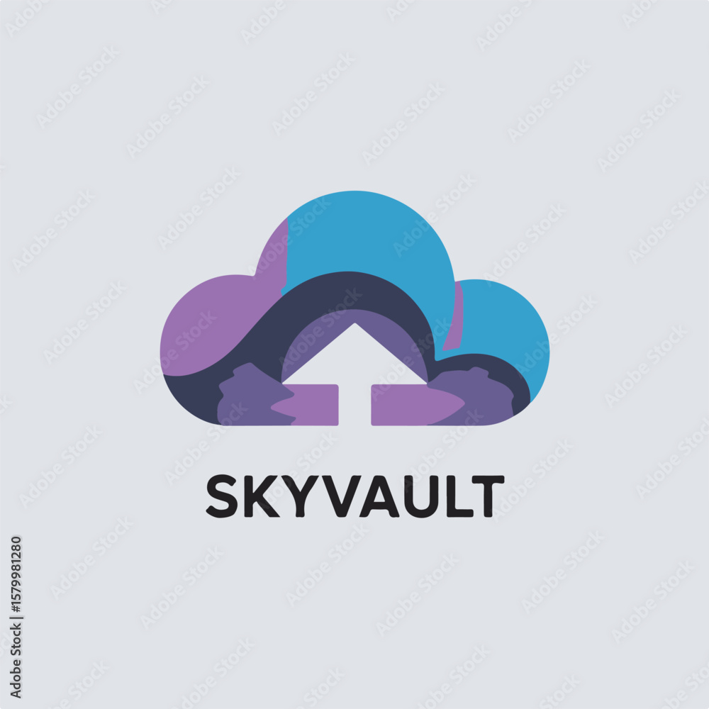 Poster colorful abstract cloud logo with upload arrow represents skyvault cloud computing service and data 