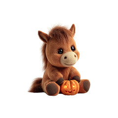 Adorable Brown Pony Plush Toy Holding a Lighted Jack-o'-Lantern Pumpkin for Halloween