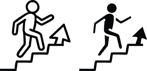 Success Progress Icon Vector &ndash; Black and White Person Climbing Stairs with Arrow Symbol Illustration
