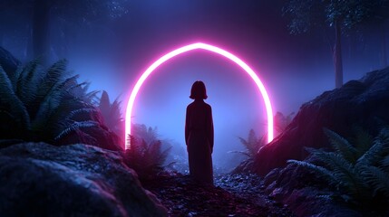 Fototapeta premium Solitary figure standing under a glowing neon arch in a mysterious forest