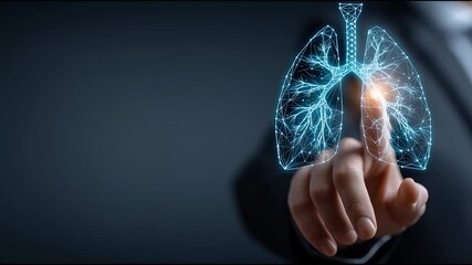 A person interacts with a glowing digital visualization of human lungs, symbolizing medical technology or respiratory health innovation. - Powered by Adobe