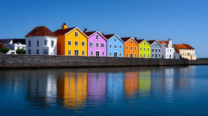 Vibrant, colorful buildings along a riverside town with reflections in the water.