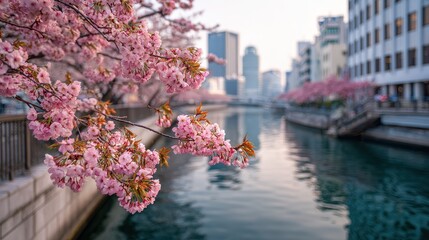 Pink cherry blossoms line a canal in a city.