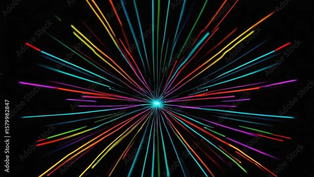 Poster a burst of colorful light beams emanates from a central point against a dark background, creating a 
