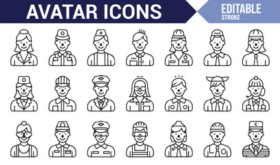 Set of avatar icons illustrating different professions, such as medical, police, and military careers.