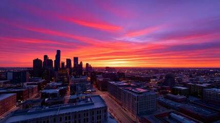 Fototapeta premium Vibrant city skyline at sunset