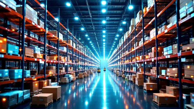 Inside a city retail business, a shopping cart in a supermarket aisle is surrounded by shelves of products high-quality animation video