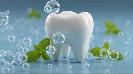 A large white tooth model surrounded by mint leaves and floating bubbles on a light blue background.