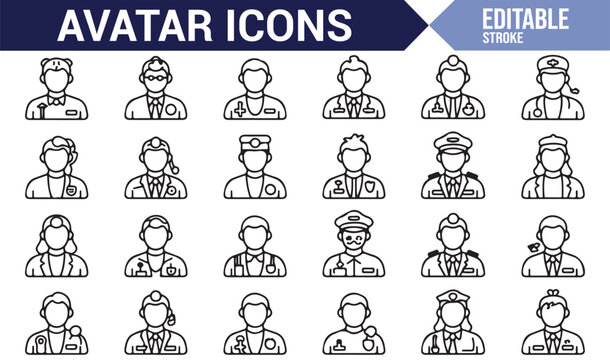 Set of avatar icons depicting professionals in various fields such as doctors, pilots, and officers.