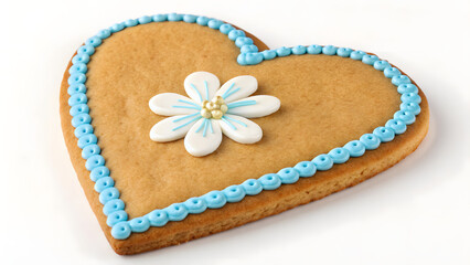 Heart-Shaped Gingerbread Cookie: A delectable heart-shaped gingerbread cookie, delicately decorated with a white icing flower and a light blue border, rests invitingly.