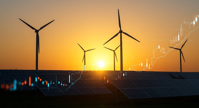 Renewable Energy Investment Growth Solar Panels and Wind Turbines at Sunset