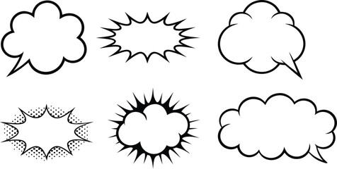 Collection of six distinct comic book style speech bubbles and thought bubbles, text boxes
