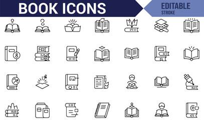 Collection of book icons depicting reading, studying, and education-related activities