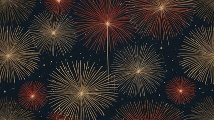Naklejka premium A vibrant display of golden and red fireworks illuminates the night sky, creating a festive and celebratory background