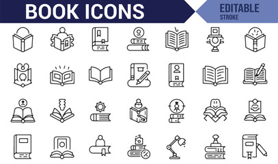 Icon set featuring books, notebooks, reading lights, and educational symbols for academic use.