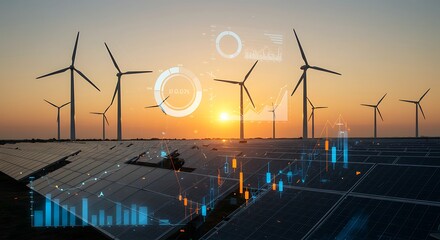 Sustainable Energy Farm at Sunset with Financial Data Overlay