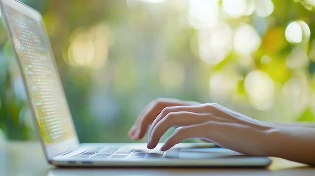 Hands typing on a laptop outdoors