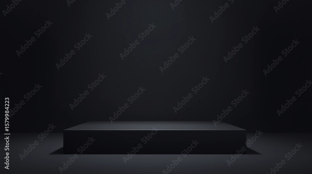 Poster black podium or pedestal display on dark background with long platform. blank product shelf standing