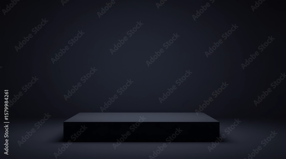 Poster black podium or pedestal display on dark background with long platform. blank product shelf standing