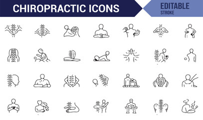 Fototapeta premium Icon collection representing chiropractic therapy tools, back care, and physical treatment techniques.